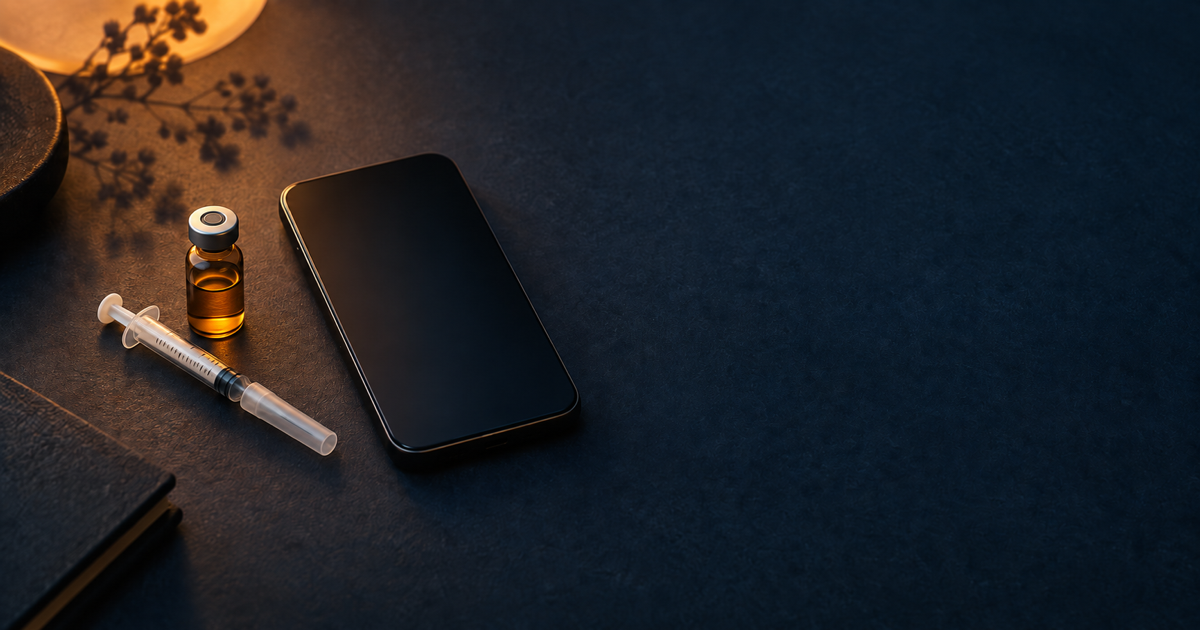 An amber medication vial and capped syringe beside a phone on a dark desk