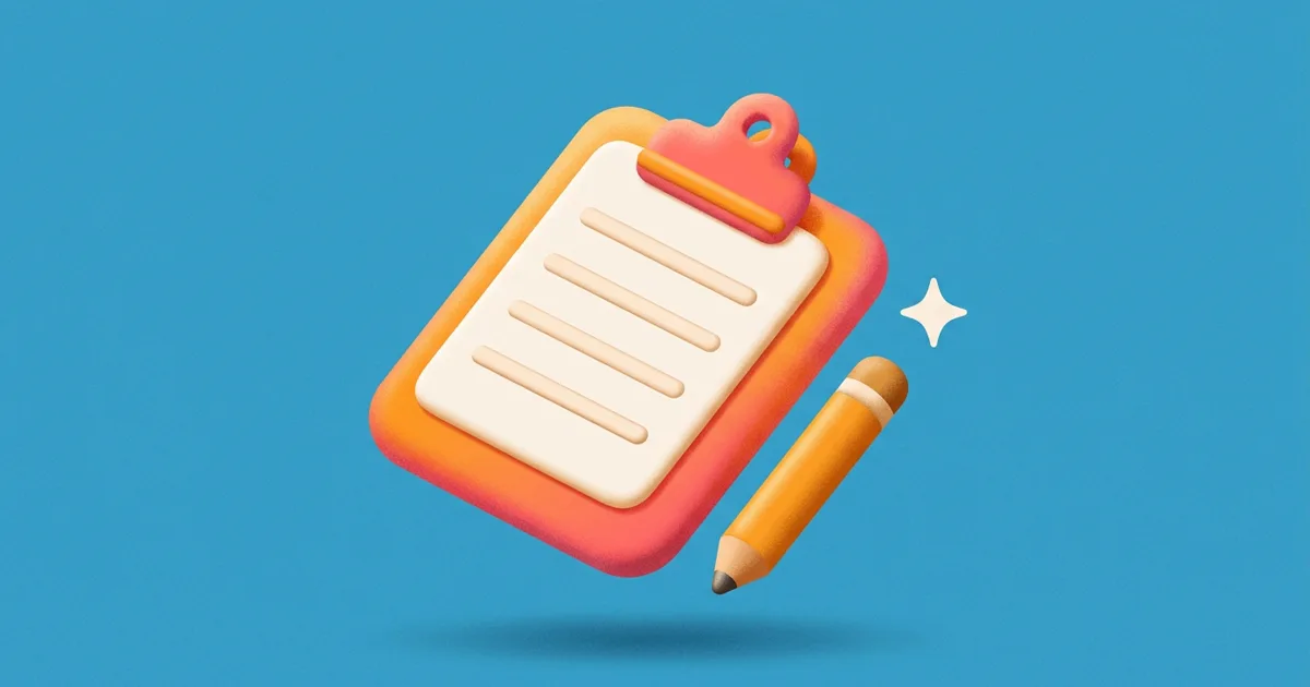 A rounded orange clipboard with a blank ruled sheet and a pencil on a blue background
