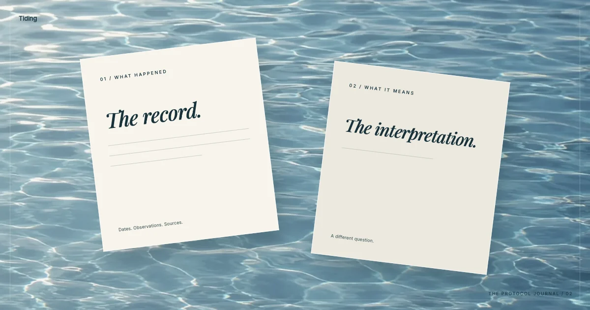 Two paper cards, The record and The interpretation, held apart above calm blue water