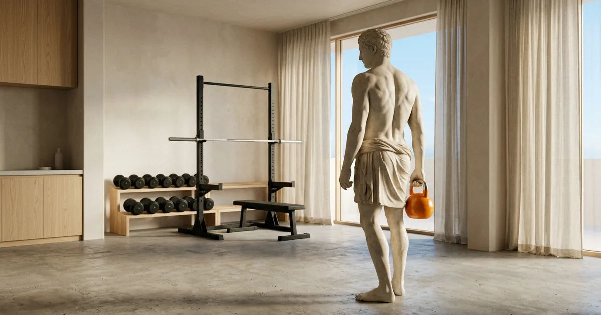 A classical marble statue of an athlete, seen from behind in a minimalist gym, holding an orange kettlebell