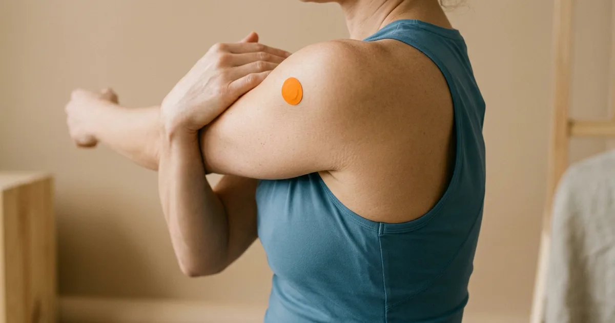 The shoulder and upper arm of an adult in a blue top, with a small orange plaster on the upper arm